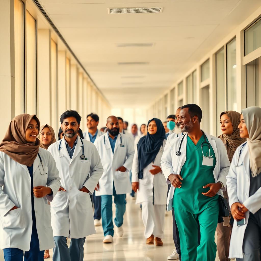 Network of physicians in a hospital corridor