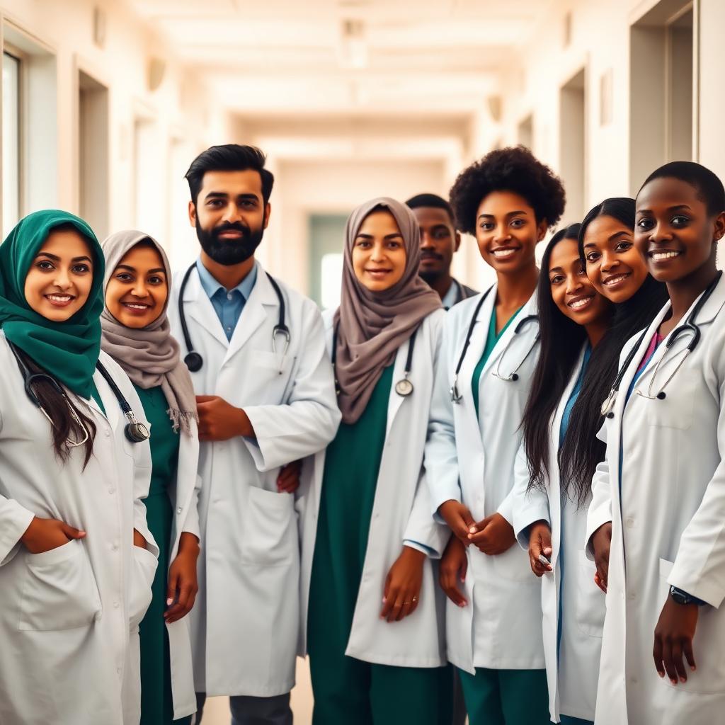 A diverse group of physicians from Pakistan, Africa, the Middle East, Asia and the Americas in white coats — the underused physician talent frontiermed activates.