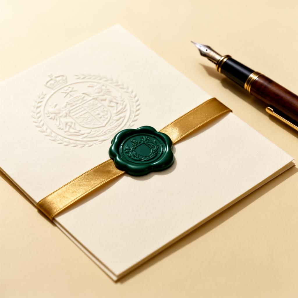 Sealed document with an emerald wax seal, gold ribbon and fountain pen — regulator-grade evidence.